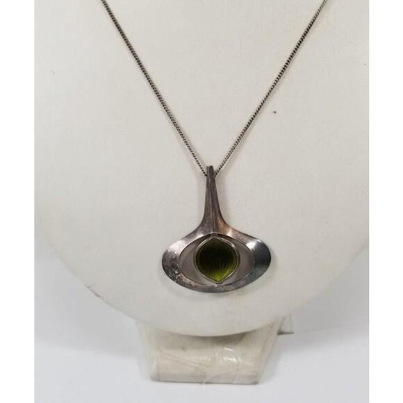 Sterling Silver Aksel Holmsen Norway Enamel Guilloche Modernist Pendant Necklace - Picture 2 of 7